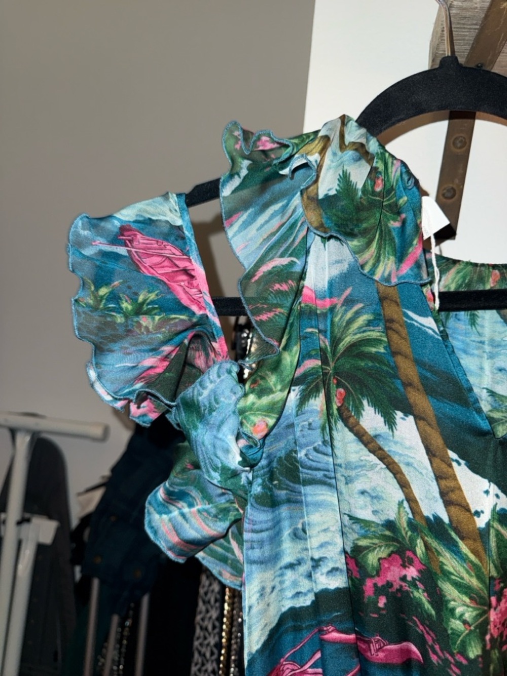 MSGM Teal Tropical Ruffle Midi Dress with Pink Accents - Picture 6 of 14